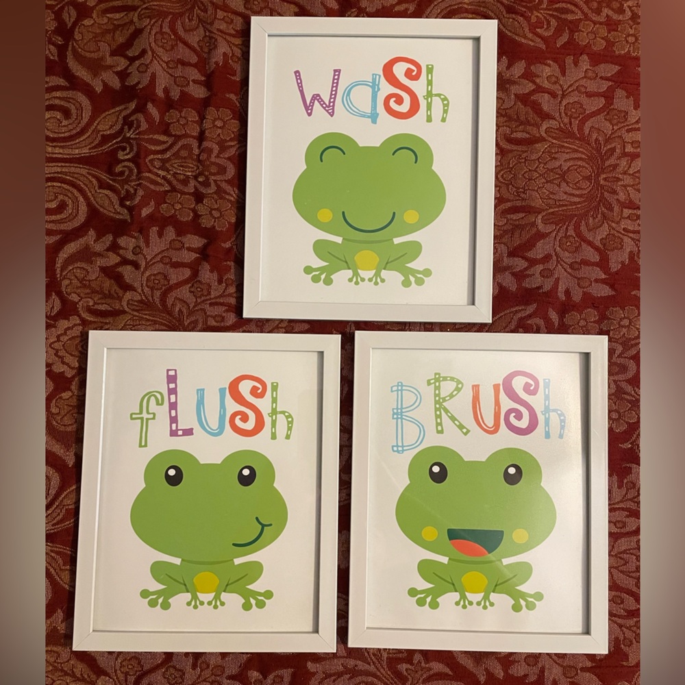 Frog Bathroom Decor - Flush/Brush/Wash framed pictures.